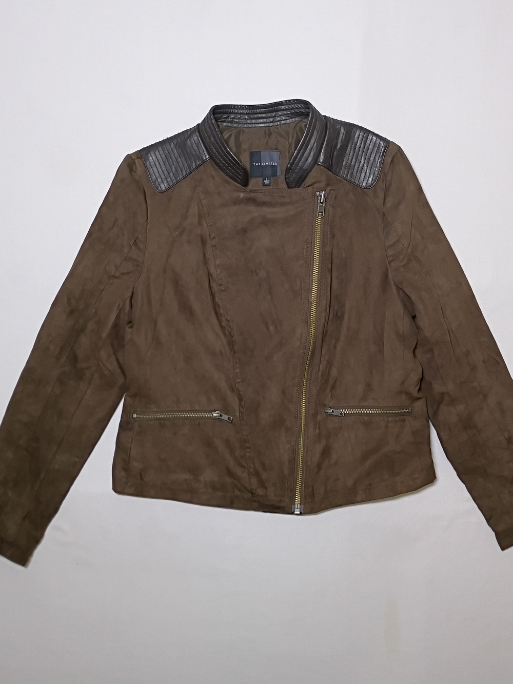 The Limited Brown Faux Suede Asymmetrical Moto Jacket Large Faux Leather Accent
